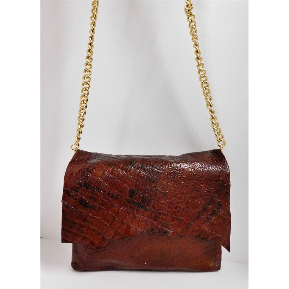 Zina Eva Brown Alligator Leather Gold Chain Flap Crossbody Bag